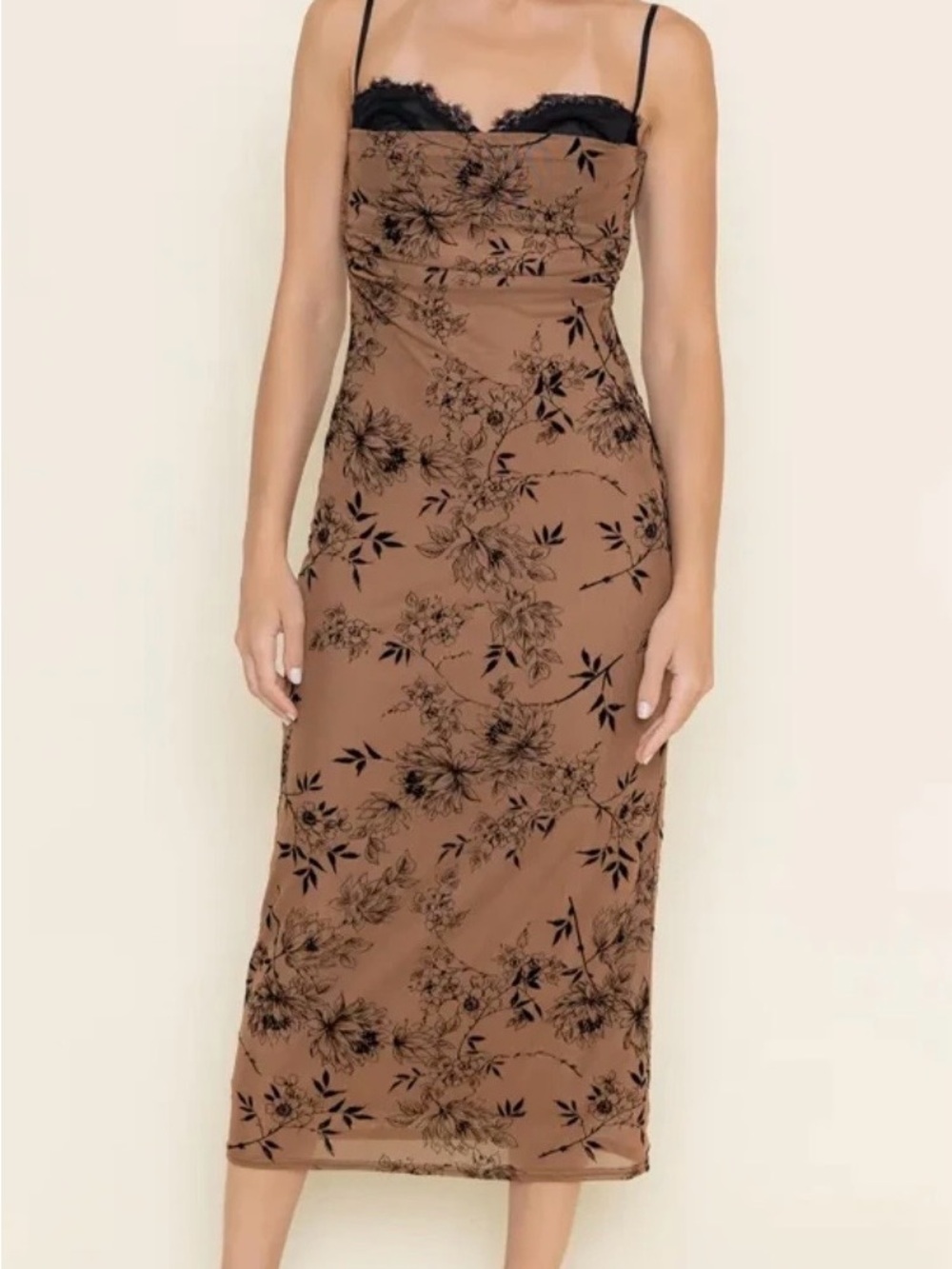 Brown Floral Slip Midi Dress with Black Lace Trim- FORE